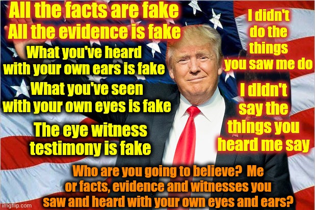 Who Are You Going To Believe? Me Or Facts, Evidence And Witnesses You Saw And Heard With Your Own Eyes And Ears? | All the facts are fake; I didn't do the things you saw me do; All the evidence is fake; What you've heard with your own ears is fake; What you've seen with your own eyes is fake; I didn't say the things you heard me say; The eye witness testimony is fake; Who are you going to believe?  Me or facts, evidence and witnesses you saw and heard with your own eyes and ears? | image tagged in trump nationalism maga,facts,evidence,eye witness,lock him up,memes | made w/ Imgflip meme maker