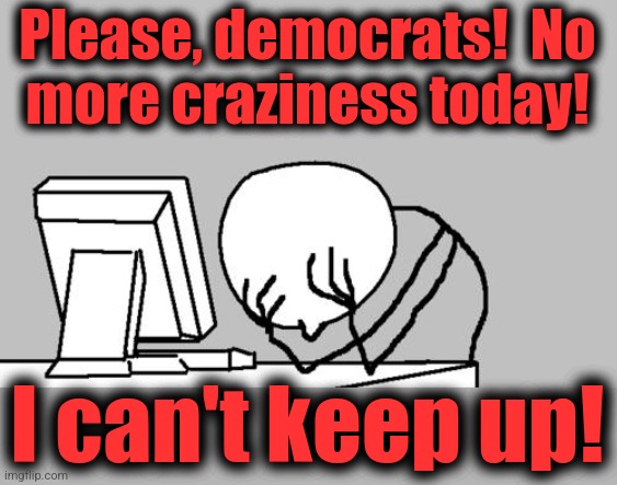 Computer Guy Facepalm Meme | Please, democrats!  No
more craziness today! I can't keep up! | image tagged in memes,computer guy facepalm,democrats,craziness,insanity,joe biden | made w/ Imgflip meme maker