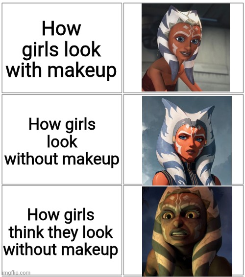 Facts | How girls look with makeup; How girls look without makeup; How girls think they look without makeup | image tagged in 2x3 panel empty comic,ahsoka,ahsoka tano | made w/ Imgflip meme maker