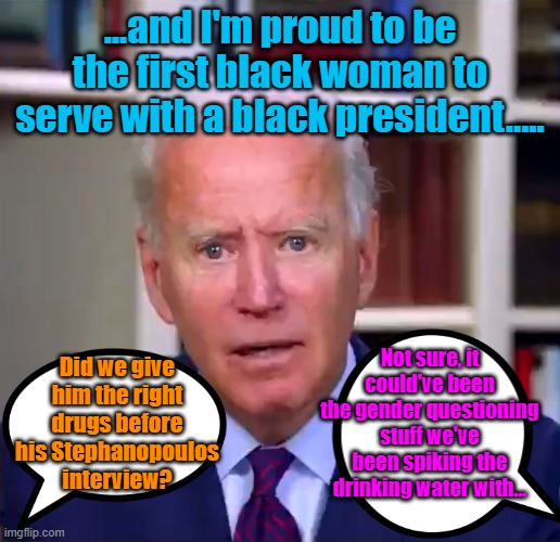 Gender questioner in chief | ...and I'm proud to be the first black woman to serve with a black president..... Did we give him the right drugs before his Stephanopoulos interview? Not sure, it could've been the gender questioning stuff we've been spiking the drinking water with... | image tagged in trump,maga,joe biden,gender confusion,memes | made w/ Imgflip meme maker