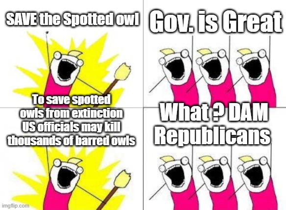 What Do We Want Meme | SAVE the Spotted owl; Gov. is Great; To save spotted owls from extinction US officials may kill thousands of barred owls; What ? DAM Republicans | image tagged in memes,what do we want | made w/ Imgflip meme maker
