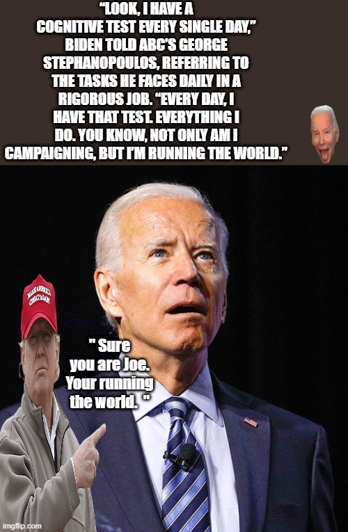 JOE lives in a bubble where his ego is stroked everyday, by  US traitors around him.He also said he was the first black womenVP | “LOOK, I HAVE A COGNITIVE TEST EVERY SINGLE DAY,” BIDEN TOLD ABC’S GEORGE STEPHANOPOULOS, REFERRING TO THE TASKS HE FACES DAILY IN A RIGOROUS JOB. “EVERY DAY, I HAVE THAT TEST. EVERYTHING I DO. YOU KNOW, NOT ONLY AM I CAMPAIGNING, BUT I’M RUNNING THE WORLD.”; " Sure you are Joe. Your running the world.  " | image tagged in joe biden | made w/ Imgflip meme maker