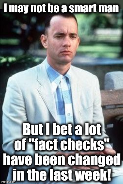 And the whole concept of "cheap fakes" went clean away! | I may not be a smart man; But I bet a lot
of "fact checks"
have been changed
in the last week! | image tagged in forest gump,memes,joe biden,cheap fakes,fact check,democrats | made w/ Imgflip meme maker