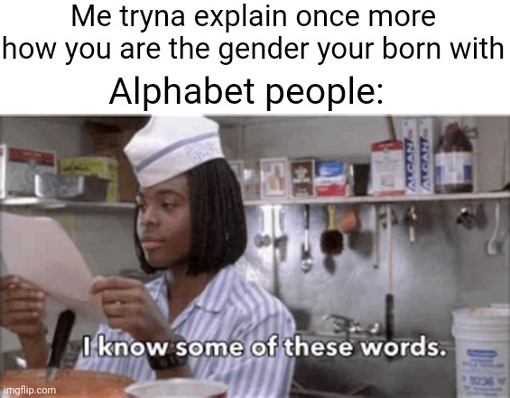 Can I get a ratio??? | Me tryna explain once more how you are the gender your born with; Alphabet people: | image tagged in i know some of these words,good burger,so true,idiots,realization,funny | made w/ Imgflip meme maker