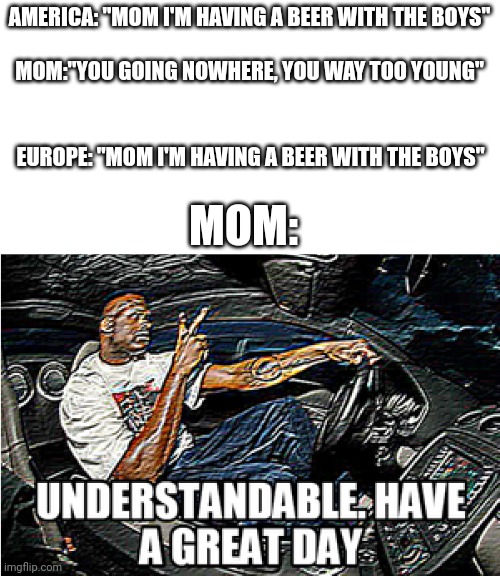 America vs europe | AMERICA: "MOM I'M HAVING A BEER WITH THE BOYS"
‎
MOM:"YOU GOING NOWHERE, YOU WAY TOO YOUNG"; EUROPE: "MOM I'M HAVING A BEER WITH THE BOYS"; MOM: | image tagged in understandable have a great day | made w/ Imgflip meme maker