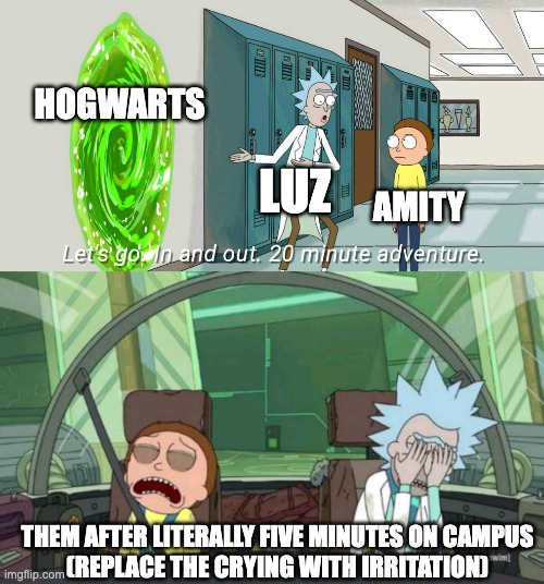 20 minute adventure rick morty | HOGWARTS; LUZ; AMITY; THEM AFTER LITERALLY FIVE MINUTES ON CAMPUS
(REPLACE THE CRYING WITH IRRITATION) | image tagged in 20 minute adventure rick morty,the owl house,harry potter | made w/ Imgflip meme maker