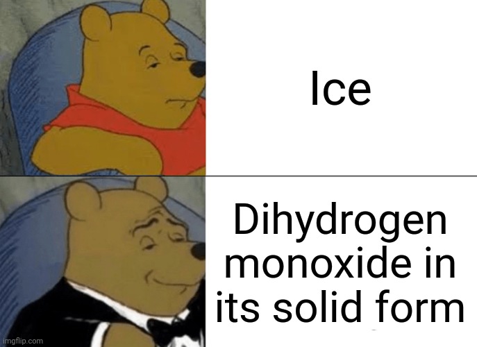 Tuxedo Winnie The Pooh Meme | Ice Dihydrogen monoxide in its solid form | image tagged in memes,tuxedo winnie the pooh | made w/ Imgflip meme maker