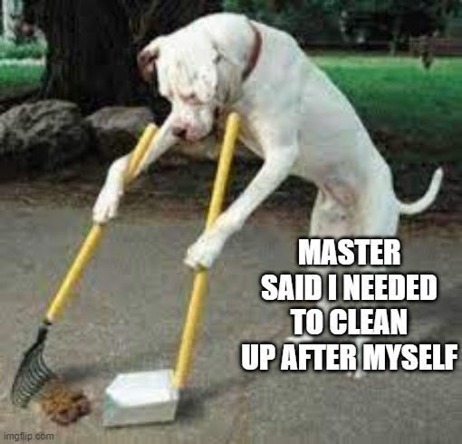 Clean Up | MASTER SAID I NEEDED TO CLEAN UP AFTER MYSELF | image tagged in dogs | made w/ Imgflip meme maker