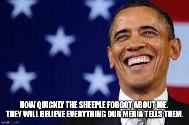 Thanks Obama | HOW QUICKLY THE SHEEPLE FORGOT ABOUT ME.  THEY WILL BELIEVE EVERYTHING OUR MEDIA TELLS THEM. | image tagged in thanks obama | made w/ Imgflip meme maker