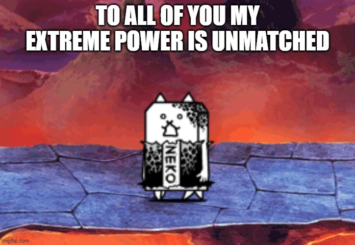 Crazed Eraser Cat | TO ALL OF YOU MY EXTREME POWER IS UNMATCHED | image tagged in crazed eraser cat | made w/ Imgflip meme maker