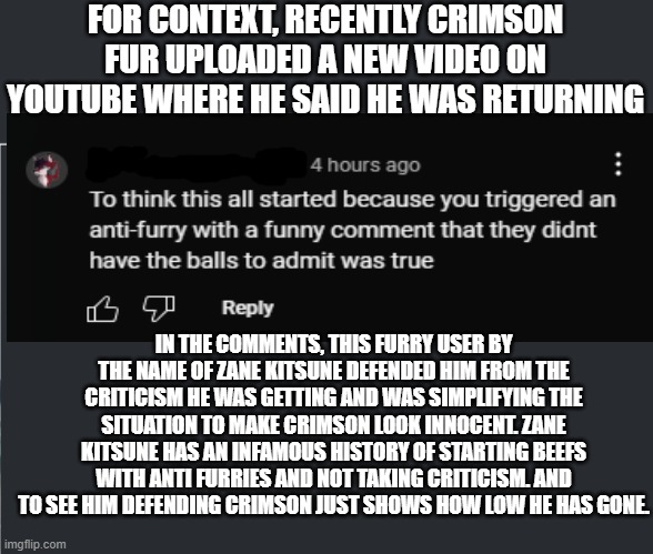 New furry degen: | FOR CONTEXT, RECENTLY CRIMSON FUR UPLOADED A NEW VIDEO ON YOUTUBE WHERE HE SAID HE WAS RETURNING; IN THE COMMENTS, THIS FURRY USER BY THE NAME OF ZANE KITSUNE DEFENDED HIM FROM THE CRITICISM HE WAS GETTING AND WAS SIMPLIFYING THE SITUATION TO MAKE CRIMSON LOOK INNOCENT. ZANE KITSUNE HAS AN INFAMOUS HISTORY OF STARTING BEEFS WITH ANTI FURRIES AND NOT TAKING CRITICISM. AND TO SEE HIM DEFENDING CRIMSON JUST SHOWS HOW LOW HE HAS GONE. | image tagged in discord grey background color,anti furry,cringe,wtf | made w/ Imgflip meme maker