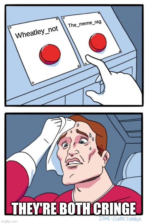 Two Buttons | The_meme_rag; Wheatley_not; THEY'RE BOTH CRINGE | image tagged in memes,two buttons | made w/ Imgflip meme maker
