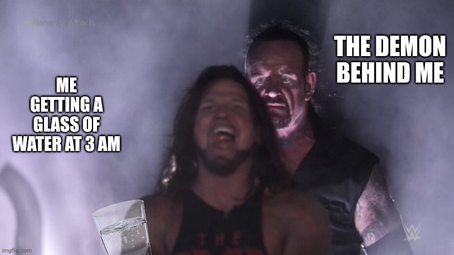 So real. | THE DEMON BEHIND ME; ME GETTING A GLASS OF WATER AT 3 AM | image tagged in aj styles undertaker | made w/ Imgflip meme maker