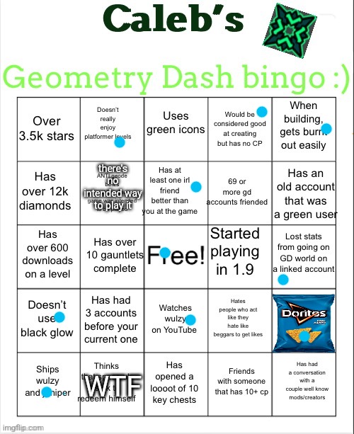 Caleb’s GD bingo | there's no intended way to play it; WTF | image tagged in caleb s gd bingo | made w/ Imgflip meme maker