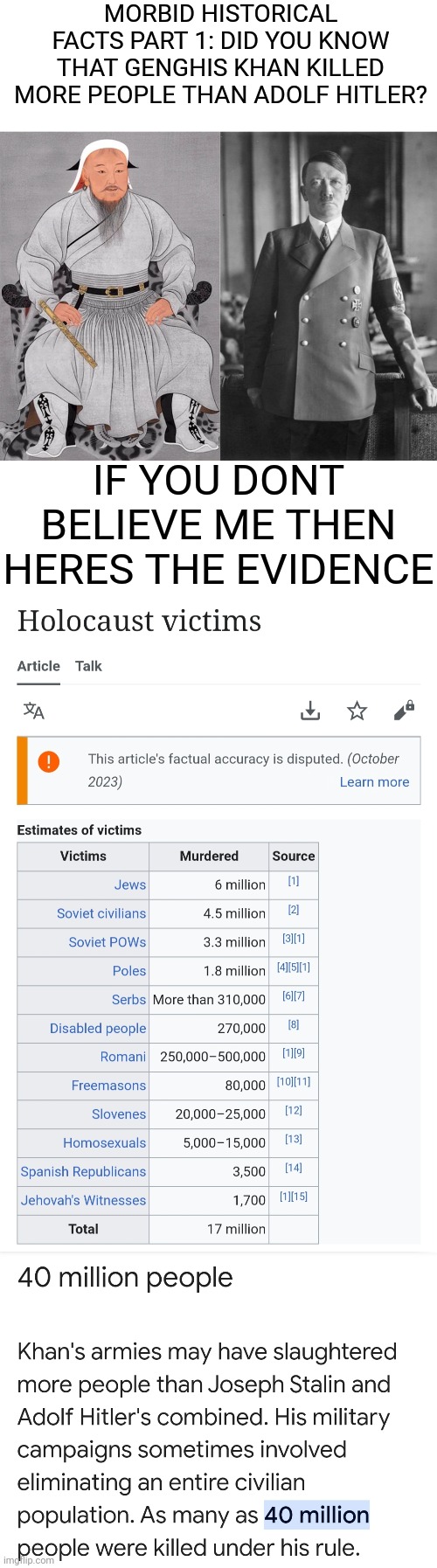 MORBID HISTORICAL FACTS PART 1: DID YOU KNOW THAT GENGHIS KHAN KILLED MORE PEOPLE THAN ADOLF HITLER? IF YOU DONT BELIEVE ME THEN HERES THE EVIDENCE | image tagged in morbid,scary facts,adolf hitler,genghis khan | made w/ Imgflip meme maker