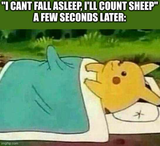 pikachu boner | "I CANT FALL ASLEEP, I'LL COUNT SHEEP"
A FEW SECONDS LATER: | image tagged in pikachu boner | made w/ Imgflip meme maker