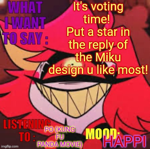I continue to exist | It's voting time! 
Put a star in the reply of the Miku design u like most! PO (KUNG FU PANDA MOVIE); HAPPI | image tagged in wowzers | made w/ Imgflip meme maker
