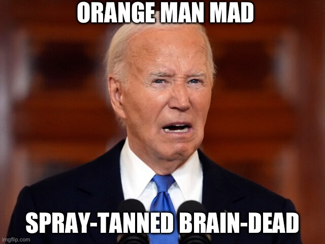 Orange Man Mad | ORANGE MAN MAD; SPRAY-TANNED BRAIN-DEAD | image tagged in spray-tanned,brain-dead,orange joe,orange biden | made w/ Imgflip meme maker