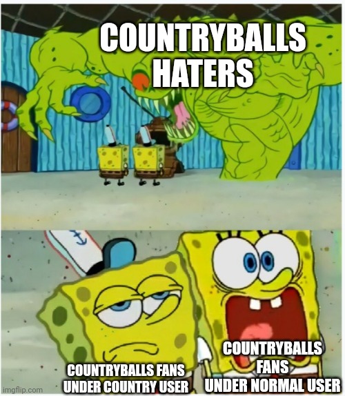 Virgin normal user vs chad country user | COUNTRYBALLS HATERS; COUNTRYBALLS FANS UNDER NORMAL USER; COUNTRYBALLS FANS UNDER COUNTRY USER | image tagged in spongebob squarepants scared but also not scared,countryballs,abuse,fans,country,normal | made w/ Imgflip meme maker