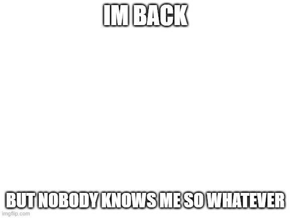 yeah | IM BACK; BUT NOBODY KNOWS ME SO WHATEVER | image tagged in blank white template | made w/ Imgflip meme maker