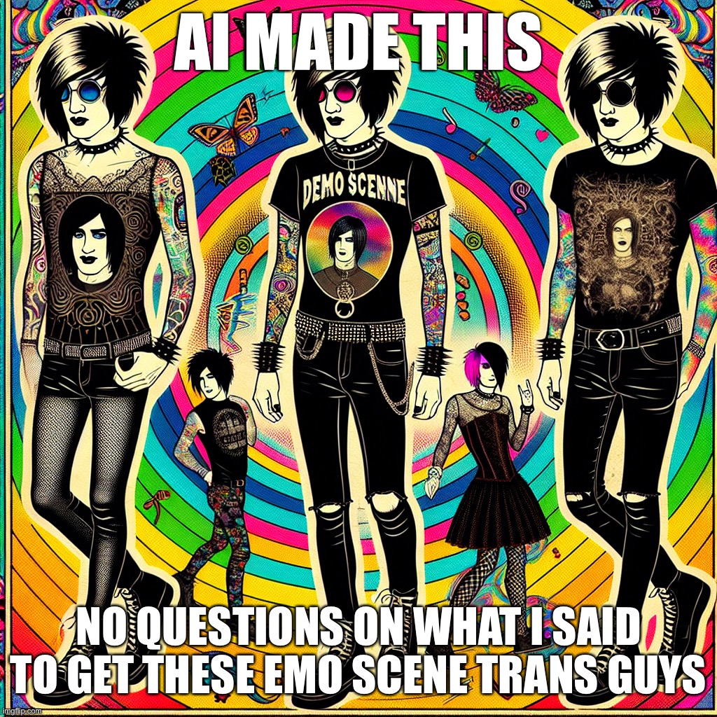 Emo scene trans guy | AI MADE THIS; NO QUESTIONS ON WHAT I SAID TO GET THESE EMO SCENE TRANS GUYS | image tagged in ai,scene,emo,trans,guy | made w/ Imgflip meme maker