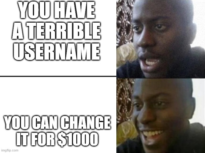 You Are Gonna Be In Debt | YOU HAVE A TERRIBLE USERNAME; YOU CAN CHANGE IT FOR $1000 | image tagged in reversed disappointed black man,memes,usernames | made w/ Imgflip meme maker