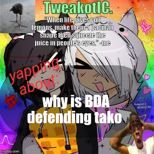 smores 14th announcement temp | why is BDA defending tako | image tagged in smores 14th announcement temp | made w/ Imgflip meme maker