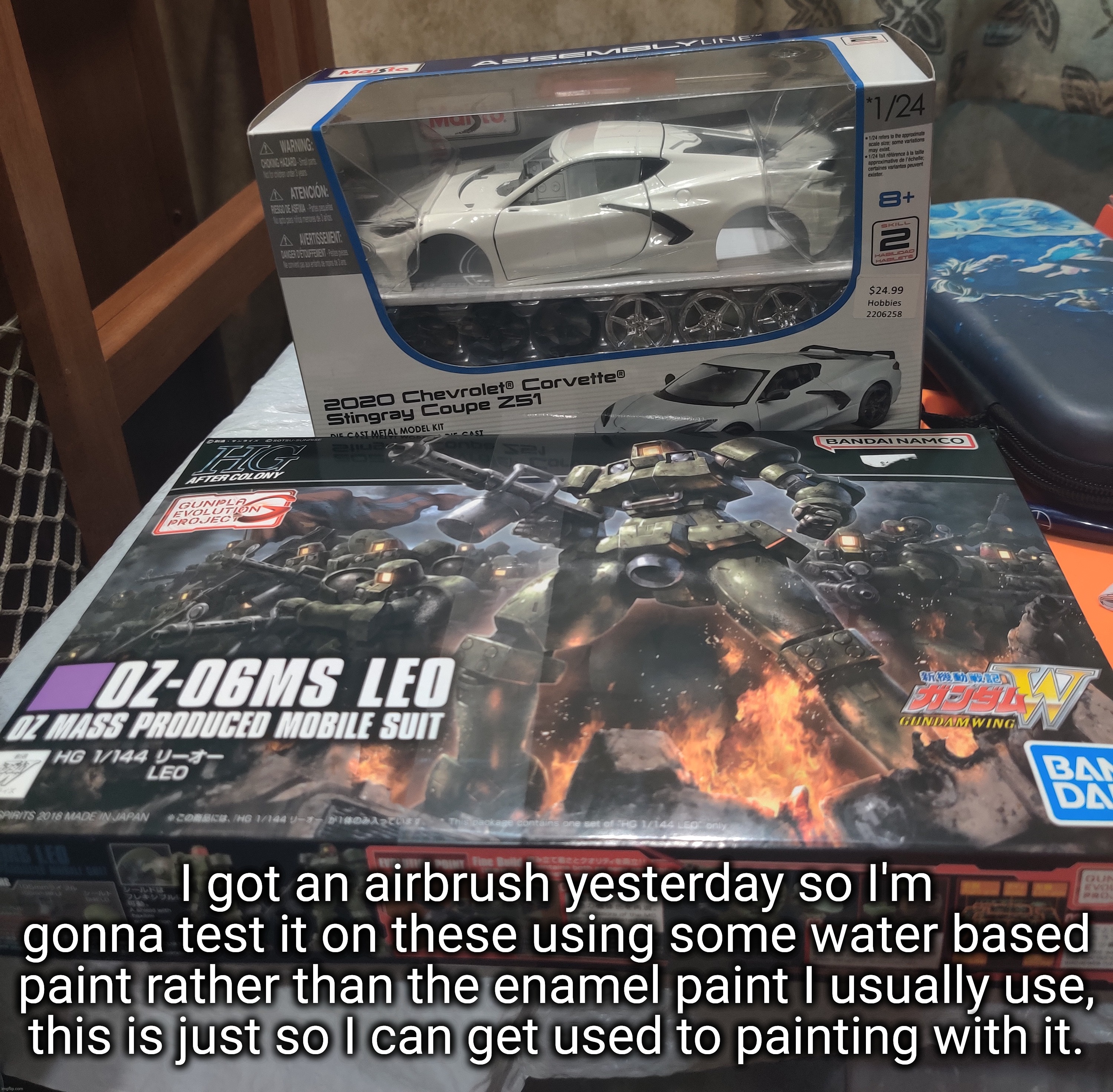 I got it to convert a real grade kit into its premium bandai counterpart, but I plan to do that with the enamel paint | I got an airbrush yesterday so I'm gonna test it on these using some water based paint rather than the enamel paint I usually use, this is just so I can get used to painting with it. | made w/ Imgflip meme maker