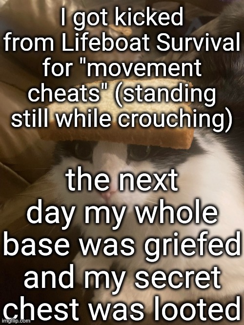bread cat | I got kicked from Lifeboat Survival for "movement cheats" (standing still while crouching); the next day my whole base was griefed and my secret chest was looted | image tagged in bread cat | made w/ Imgflip meme maker