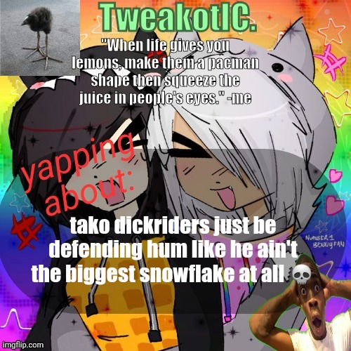 smores 14th announcement temp | tako dickriders just be defending hum like he ain't the biggest snowflake at all 💀 | image tagged in smores 14th announcement temp | made w/ Imgflip meme maker