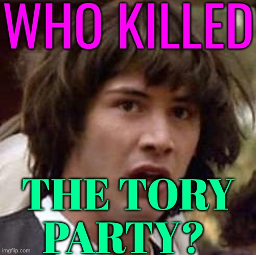 Who killed the Tory party? | WHO KILLED; THE TORY
PARTY? | image tagged in memes,conspiracy keanu,politics lol,scumbag government,tories,liberal vs conservative | made w/ Imgflip meme maker