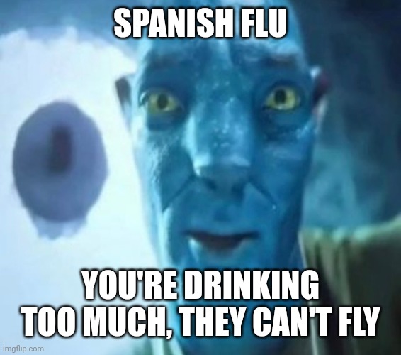 Avatar guy | SPANISH FLU; YOU'RE DRINKING TOO MUCH, THEY CAN'T FLY | image tagged in avatar guy,spanish,flu,fly | made w/ Imgflip meme maker