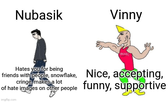 Virgin vs Chad | Vinny; Nubasik; Nice, accepting, funny, supportive; Hates you for being friends with people, snowflake, cringe, makes a lot of hate images on other people | image tagged in virgin vs chad | made w/ Imgflip meme maker