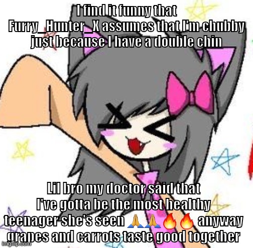 flugburgr | I find it funny that Furry_Hunter_X assumes that I'm chubby just because I have a double chin; Lil bro my doctor said that I've gotta be the most healthy teenager she's seen 🙏🙏🔥🔥 anyway grapes and carrots taste good together | image tagged in flugburgr | made w/ Imgflip meme maker