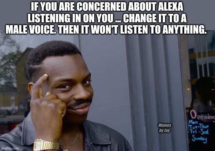 Ha | IF YOU ARE CONCERNED ABOUT ALEXA LISTENING IN ON YOU ... CHANGE IT TO A MALE VOICE. THEN IT WON'T LISTEN TO ANYTHING. Memes by Jay | image tagged in roll safe think about it,alexa,men,listen | made w/ Imgflip meme maker
