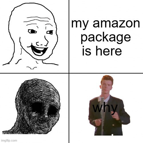 Happy Wojak vs Depressed Wojak | my amazon package is here; why | image tagged in happy wojak vs depressed wojak | made w/ Imgflip meme maker