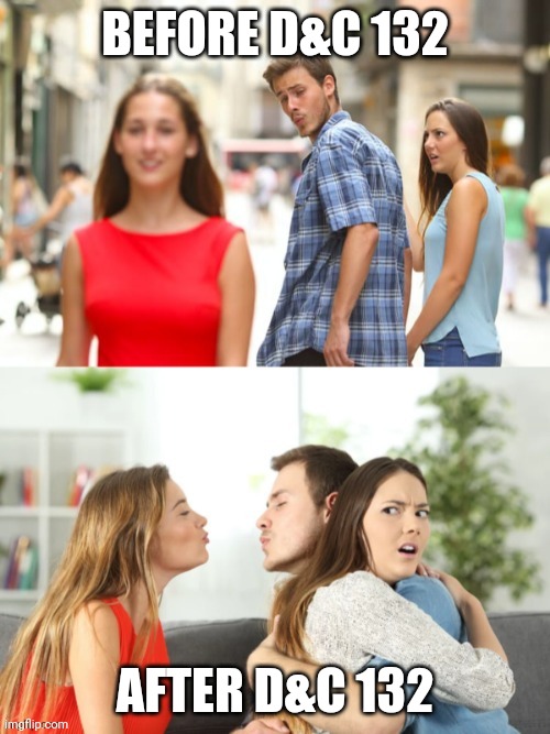 D&C 132 | BEFORE D&C 132; AFTER D&C 132 | image tagged in distracted boyfriend 2 0 | made w/ Imgflip meme maker