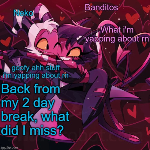 Neko and Banditos shared announcement | Back from my 2 day break, what did I miss? | image tagged in neko and banditos shared announcement | made w/ Imgflip meme maker