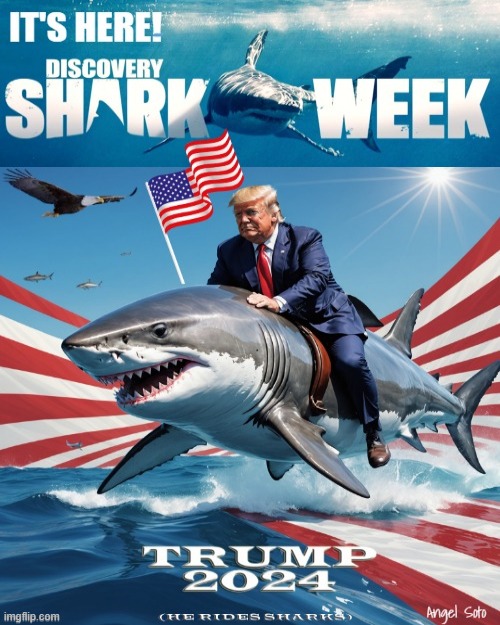 Trump celebrates shark week in election year | image tagged in trump celebrates shark week,donald trump,presidential election,shark week,patriotic eagle,american flag | made w/ Imgflip meme maker