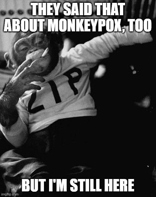 smoking monkey  | THEY SAID THAT ABOUT MONKEYPOX, TOO BUT I'M STILL HERE | image tagged in smoking monkey | made w/ Imgflip meme maker