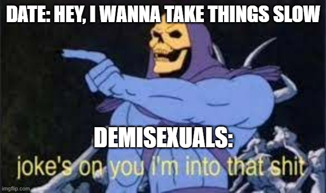 Jokes on you im into that shit | DATE: HEY, I WANNA TAKE THINGS SLOW; DEMISEXUALS: | image tagged in jokes on you im into that shit | made w/ Imgflip meme maker