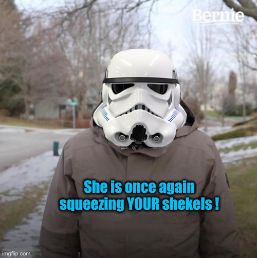Bernietrooper | She is once again squeezing YOUR shekels ! | image tagged in bernietrooper | made w/ Imgflip meme maker