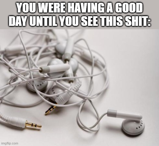 It always ruins my day | YOU WERE HAVING A GOOD DAY UNTIL YOU SEE THIS SHIT: | image tagged in tangled headphones,relatable,funny,meme,memes,funny meme | made w/ Imgflip meme maker