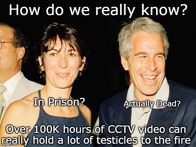 They could make ANYTHING happen, (and probably have) | How do we really know? In Prison? Actually Dead? Over 100K hours of CCTV video can really hold a lot of testicles to the fire | image tagged in epstein maxwell meme | made w/ Imgflip meme maker