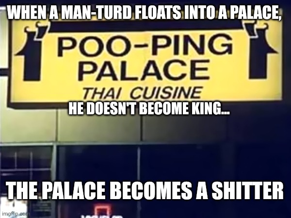 Man-turds | WHEN A MAN-TURD FLOATS INTO A PALACE, HE DOESN'T BECOME KING... THE PALACE BECOMES A SHITTER | image tagged in poop palace | made w/ Imgflip meme maker