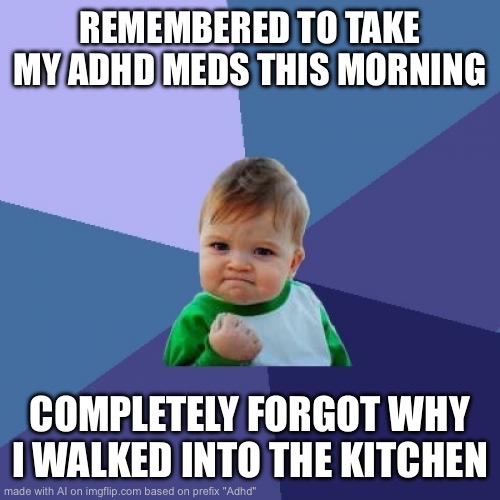 Success Kid | REMEMBERED TO TAKE MY ADHD MEDS THIS MORNING; COMPLETELY FORGOT WHY I WALKED INTO THE KITCHEN | image tagged in memes,success kid | made w/ Imgflip meme maker