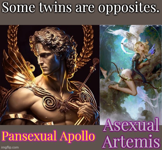 The ancients were more open minded than some modern people will admit. | Some twins are opposites. Asexual
Artemis; Pansexual Apollo | image tagged in apollo,artemis,greek mythology,lgbt | made w/ Imgflip meme maker