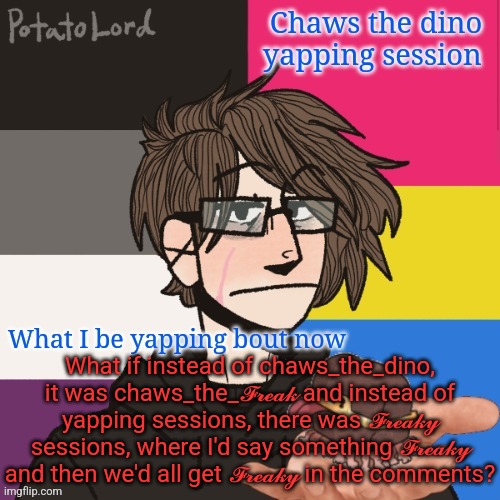 Quite bored | What if instead of chaws_the_dino, it was chaws_the_𝓕𝓻𝓮𝓪𝓴 and instead of yapping sessions, there was 𝓕𝓻𝓮𝓪𝓴𝔂 sessions, where I'd say something 𝓕𝓻𝓮𝓪𝓴𝔂 and then we'd all get 𝓕𝓻𝓮𝓪𝓴𝔂 in the comments? | image tagged in chaws_the_dino announcement temp | made w/ Imgflip meme maker