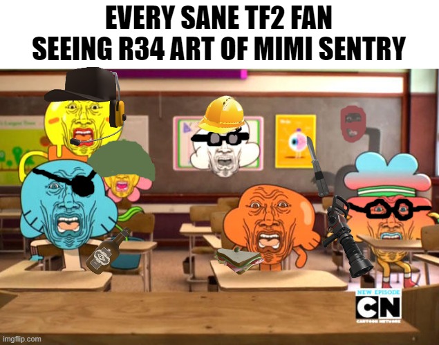 For real | EVERY SANE TF2 FAN SEEING R34 ART OF MIMI SENTRY | image tagged in disgusted gumball,memes,gaming,tf2,team fortress 2 | made w/ Imgflip meme maker