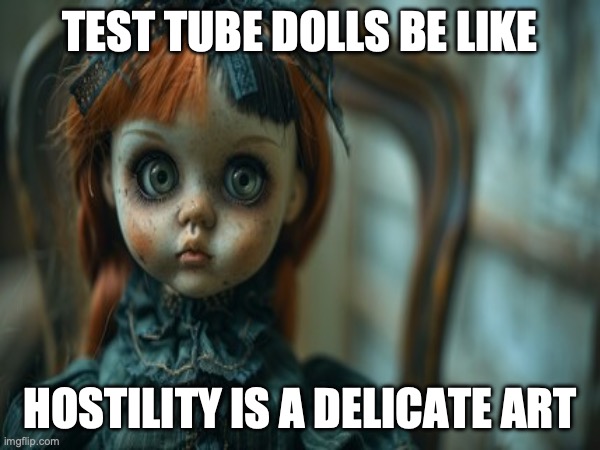 Test Tube Dolls Be Like | TEST TUBE DOLLS BE LIKE; HOSTILITY IS A DELICATE ART | image tagged in test tube dolls,genetic engineering,genetics,genetics humor,science,test tube humor | made w/ Imgflip meme maker